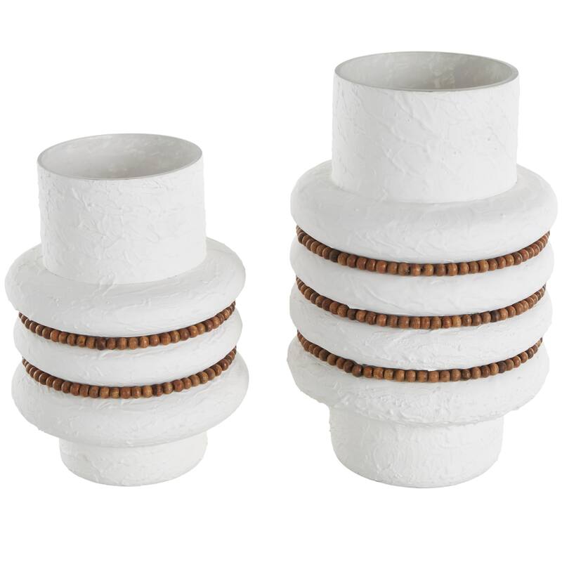 White Glass Textured Decorative Vase with Brown Wood Beaded Stripes (Set of 2)