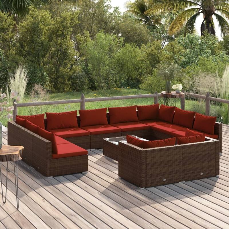 vidaXL Patio Lounge Set Outdoor Sectional Sofa Set Table Garden Poly Rattan - 27.6" x 27.6" x 23.8" - Brown/Cinnamon red 12 Piece