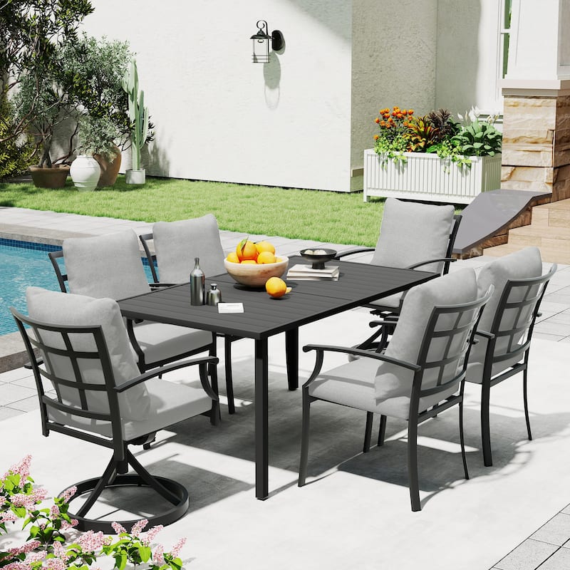 IvyGlow 7-Piece Black Metal Patio Dining Set with Rectangular Table, 2 Swivel Dining Chairs and Gray Cushions - Grey