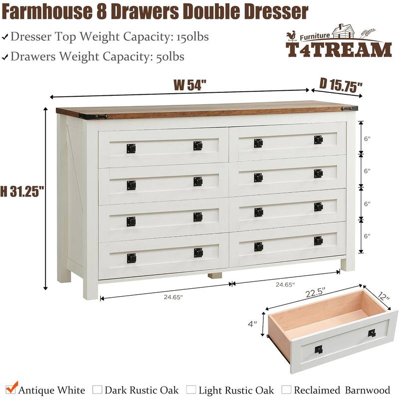 Farmhouse 8 Drawers Wood Dresser Chests, Rustic Chset of Drawers