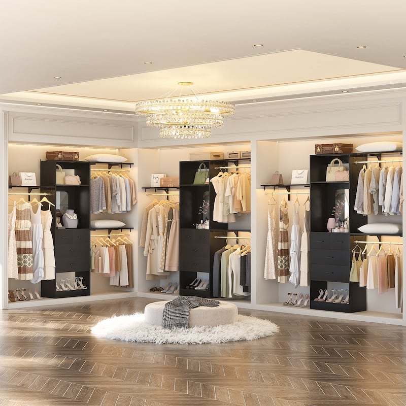 25'' - 96" W Closet System with 4 Wooden Drawers and Mirror, Walk-in Closet Organizer Kits with 3 Extendable Hanging Rods