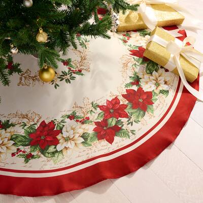 Red and White Poinsettias Christmas Tree Skirt - 48"x48"