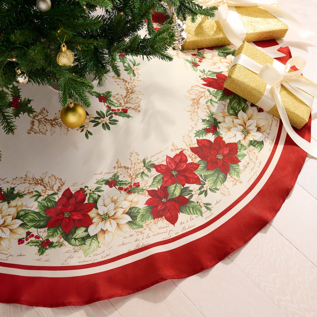 Red and White Poinsettias Christmas Tree Skirt - 48"x48"