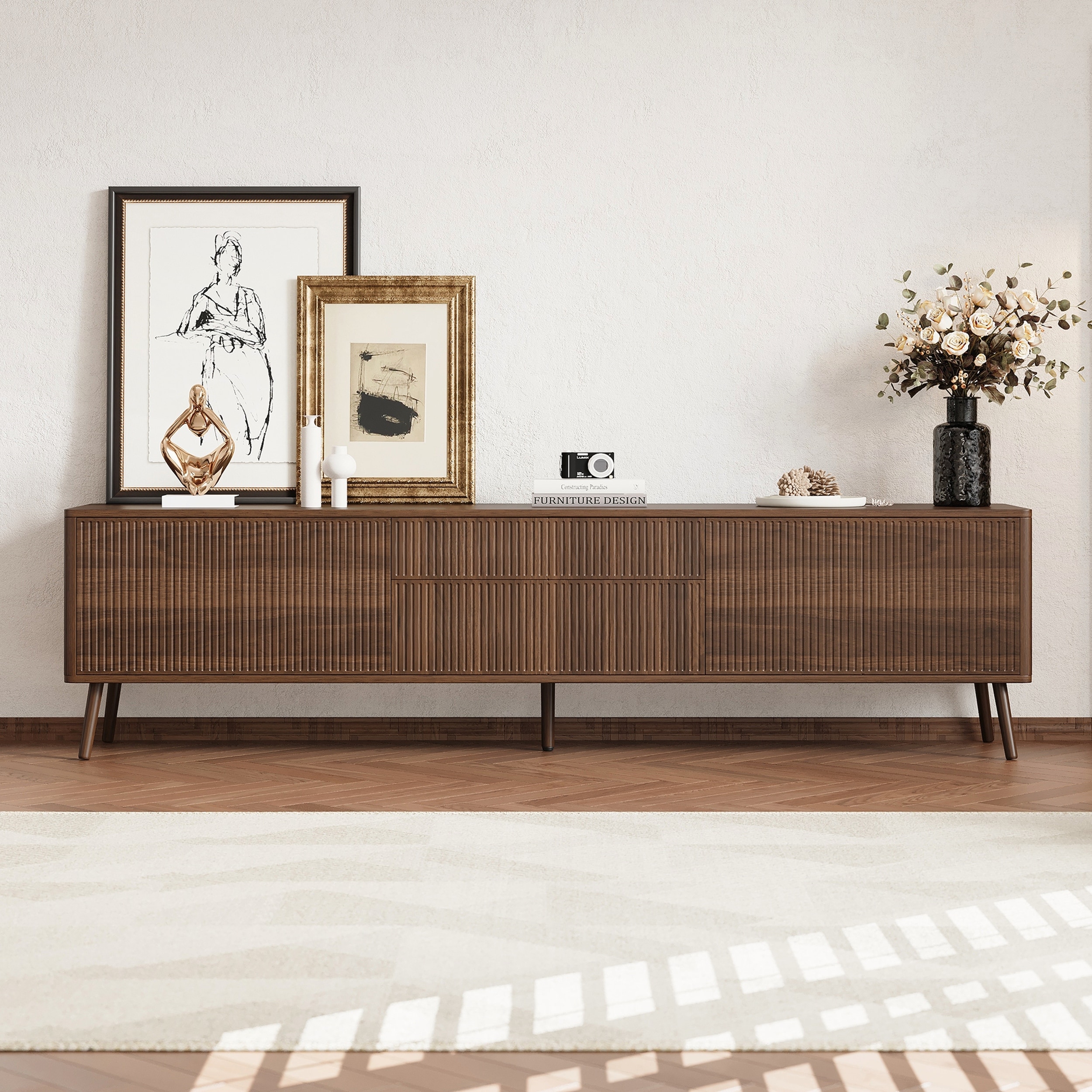 70 Inch Fluted TV Stand with Storage, Cable Management, Solid Wood Legs,and Soft-Close Hinges for Living Room