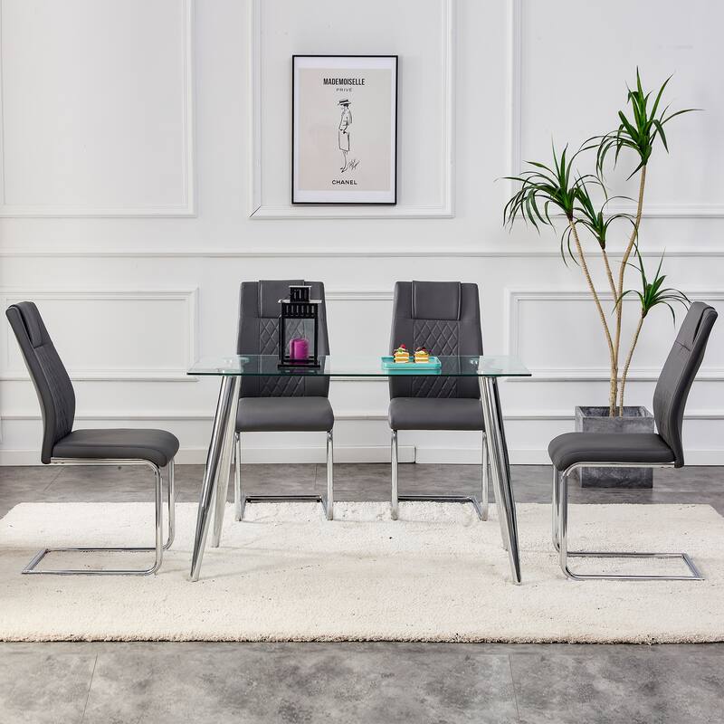 Leather Dining Table Chair Dining Chair Side Chair, Grey, Set of 4