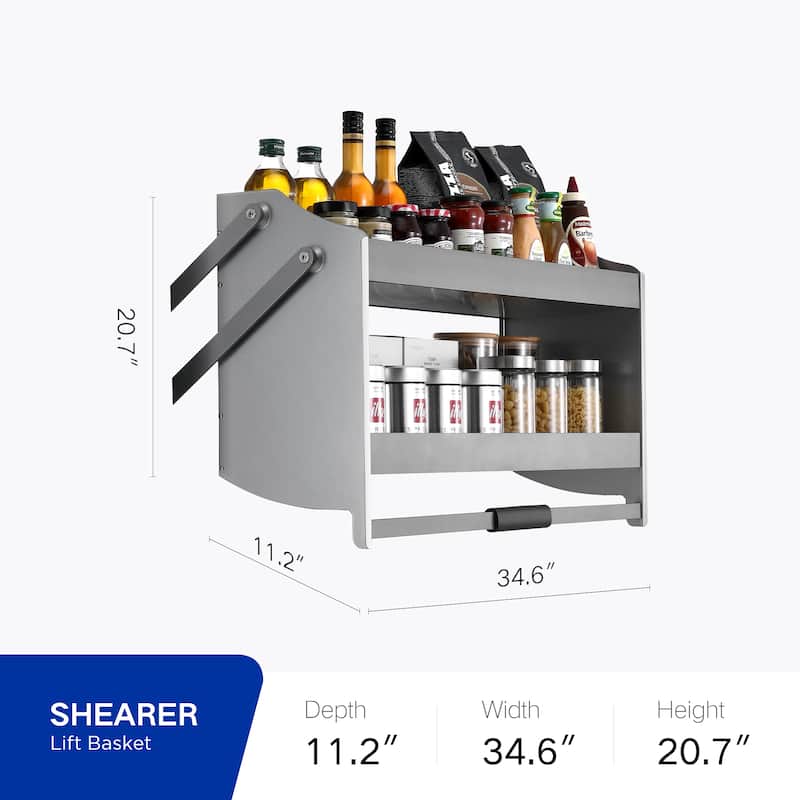 HIGOLD Shearer 2-Tier Pull Down Cabinet Organizer 35.4" Aluminium Kitchen Storage Shelf - 34.57"W x 11.14"D x 20.59"H