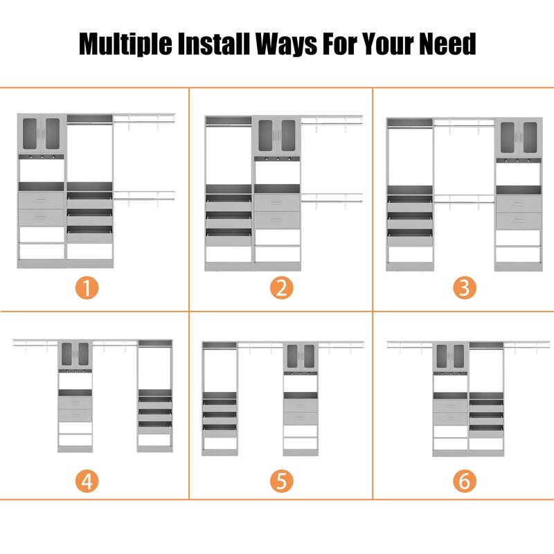 80"-120" Closet System With Door and Wooden Drawers, Closet Organizer System with 3 Haning Rods and Storage Shelves