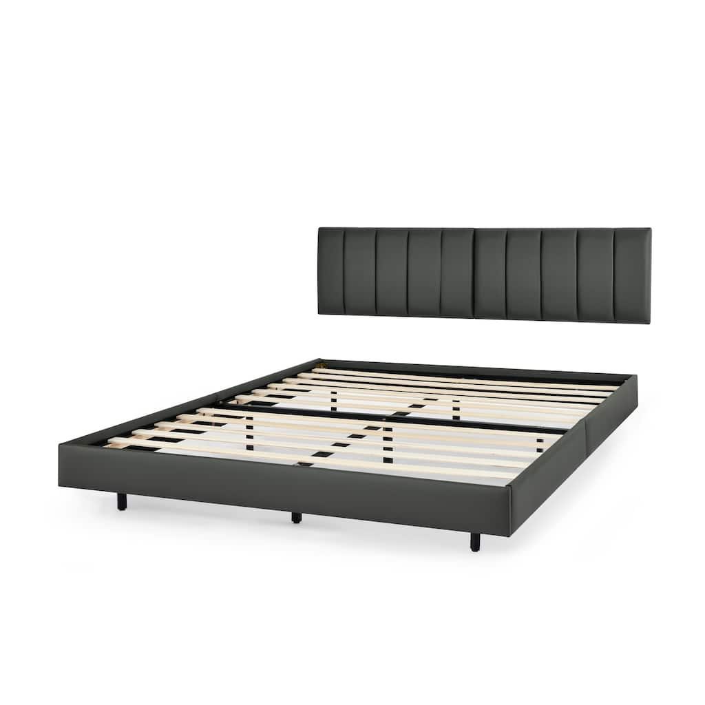 Queen Low Profile Bed Frame Upholstered Platform Bed with Wall Mounted Headboard and Wood Slats, No Box Spring Needed, Grey