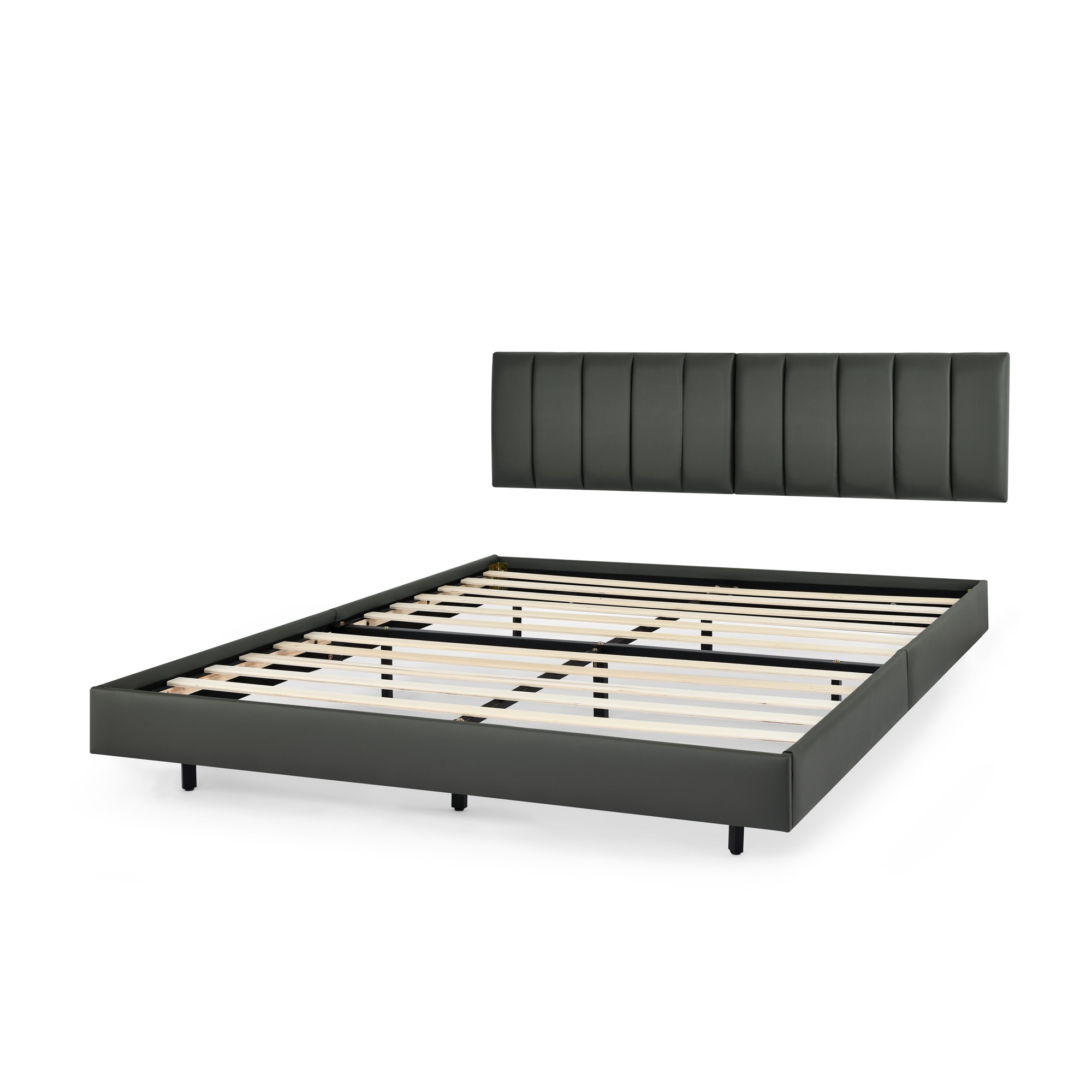 Queen Low Profile Bed Frame Upholstered Platform Bed with Wall Mounted Headboard and Wood Slats, No Box Spring Needed, Grey