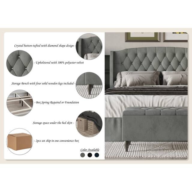CraftPorch 2 Piece Bedroom Set in Luxurious Velvet Wingback Panel Upholstered Bed