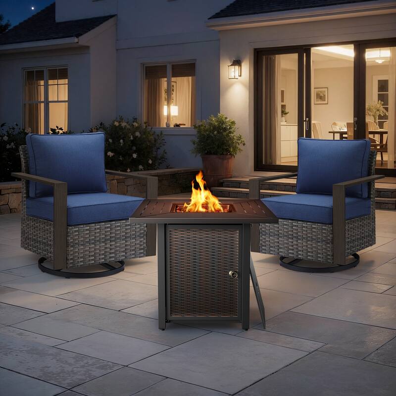 Meyreso 3-Piece Wicker Swivel Glider Metal Fire Pit Set with Plush 4.5" Olefin Cushions - Gray Wicker - Navy Blue Cushions