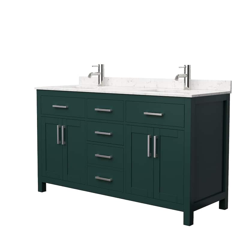 Beckett 60 Inch Double Vanity, Cultured Marble Top - Green, Nickel Trim, Carrara Cultured Marble Top