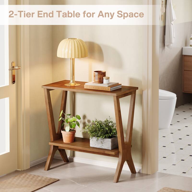 2-Tier Solid Wood End Table for Living Room with Sturdy Legs