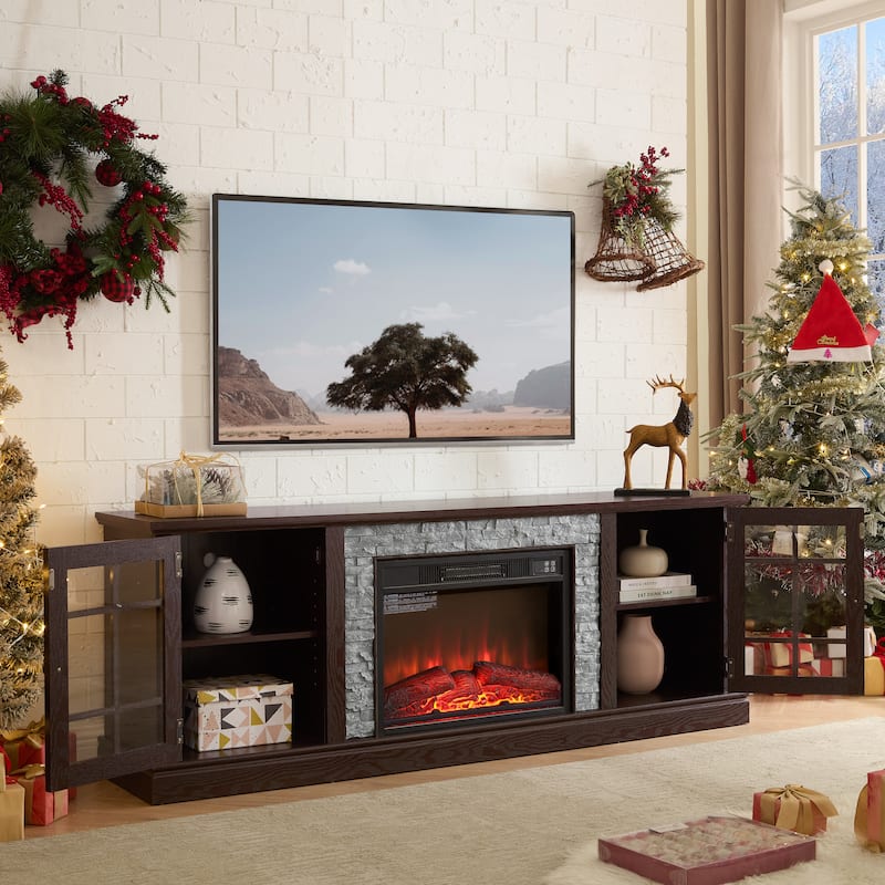 GDFStudio Thatch Wood 70" TV Stand with Faux Stacked Stone Fireplace and 2 Door Storage