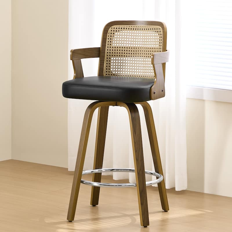 Upholstered Wood Swivel Counter Height Barstool with Arms - 37.8"H x 18.7"W x 19.29"D - Single - Black-Rattan Back