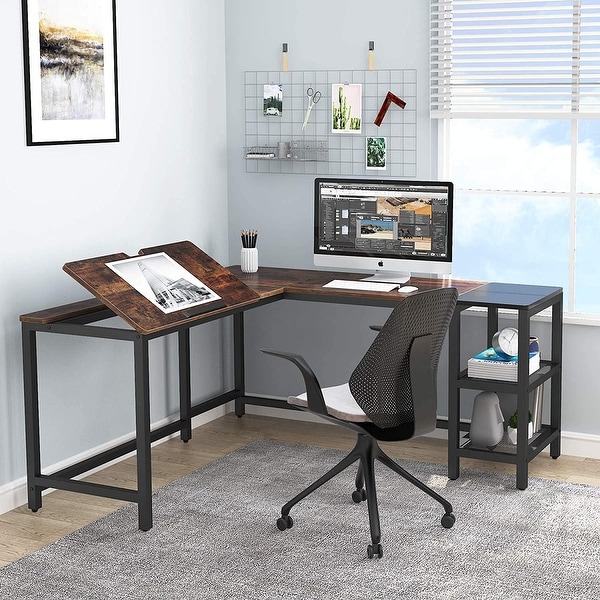L Shaped Desk Corner Computer Desk with Storage Shelves Drafting