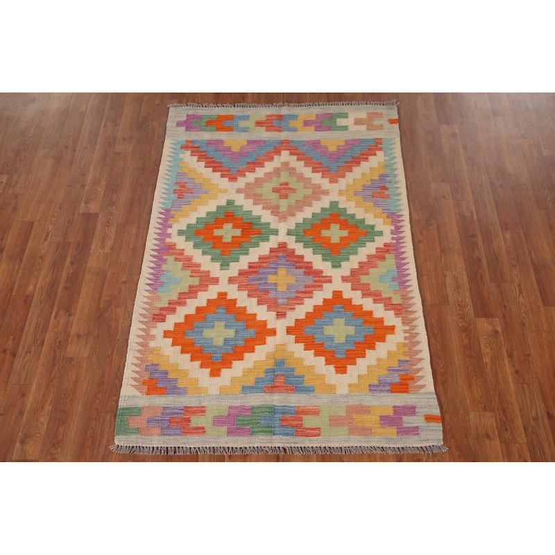 Reversible Kilim Area Rug Flatweave Geometric Wool Carpet - 3'6"x 5'4"