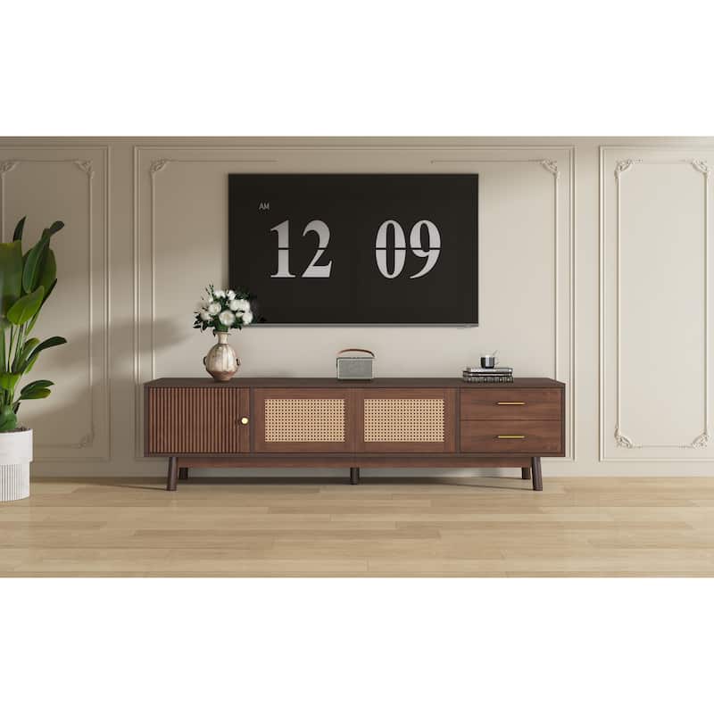 Mid Century Modern Solid Wood TV Stand for 80" TVs,TV Console with Sliding Doors and Drawers