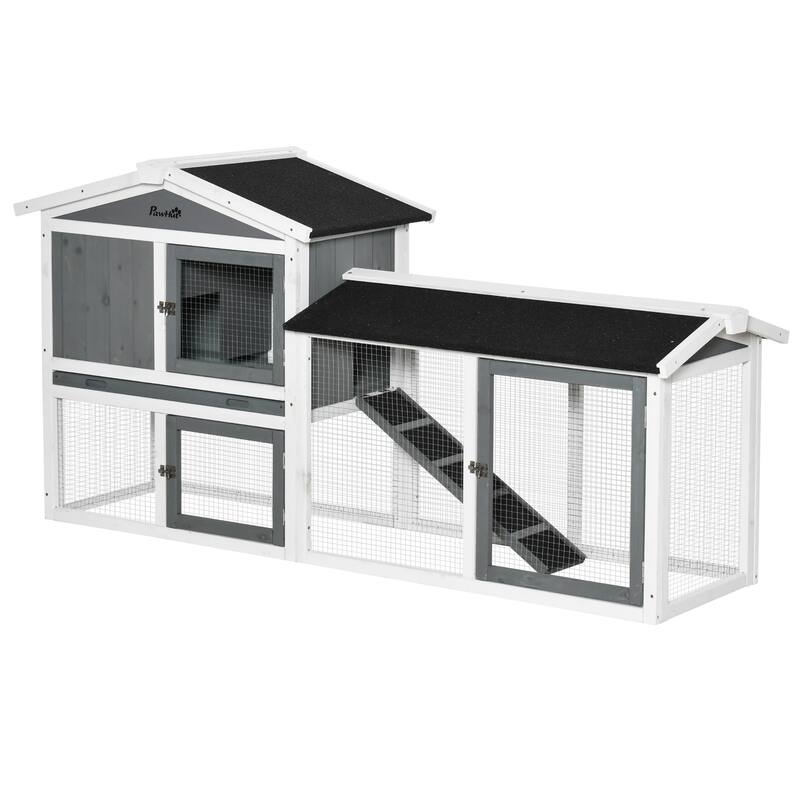 PawHut 69" Rabbit Hutch, Wooden Bunny Hutch, Guinea Pig Cage, Small Animal Enclosure with Run Area, Removable Tray - Rabbit - white