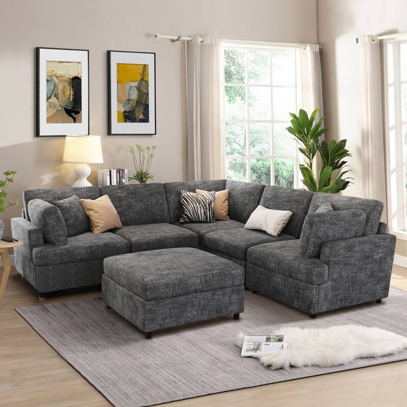 6-Piece U-Shaped Sectional Corner Sofa with Movable Ottoman and Durable Chenille Fabric for Versatile Living Spaces