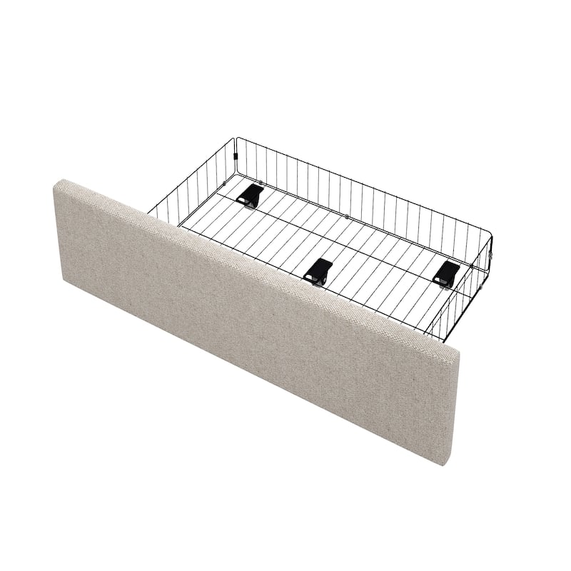 King Size Beige Linen Upholstered Platform Bed Tall Tufted Headboard & High Footboard Minimalist Storage Bed Frame w/Drawers