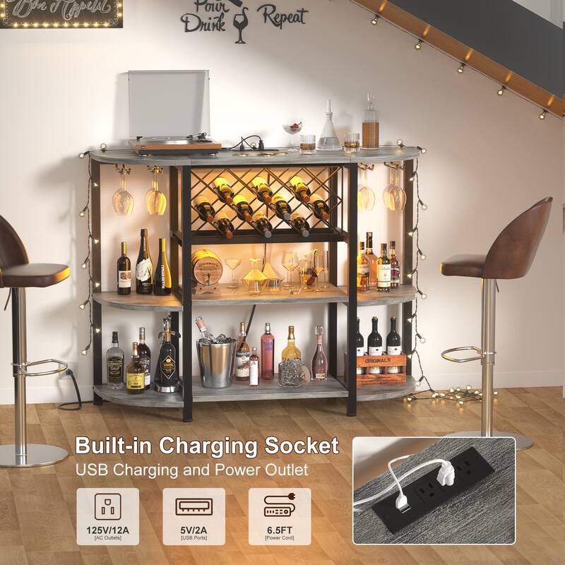 4-Tier Wine Bar Cabinet with Outlet and LED Light,Freestanding Bar Table with Glass Holder and Wine Storage