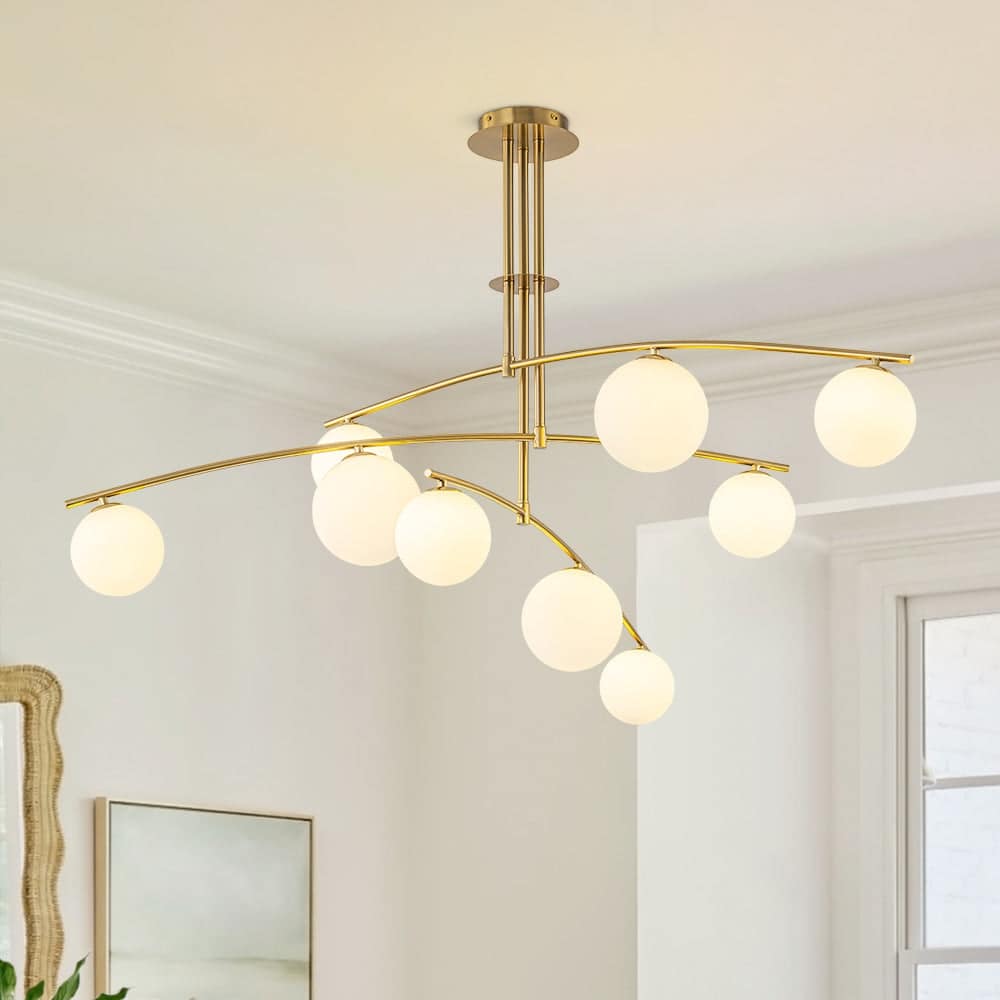 Mid-century 9-Light Tiered Branch Frosted Glass Semi-flush Mount - 51.2 in