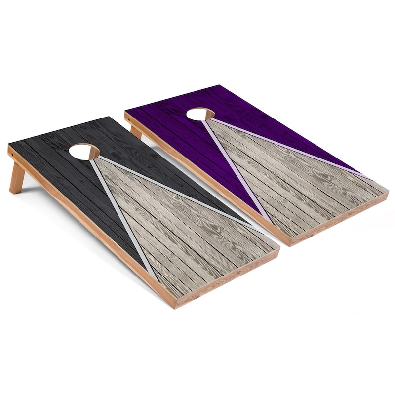Solid Wood Cornhole Boards - Dark Grey and Purple Triangle Design - Regulation 2x4 (24" x 48") - Include Edge Lights