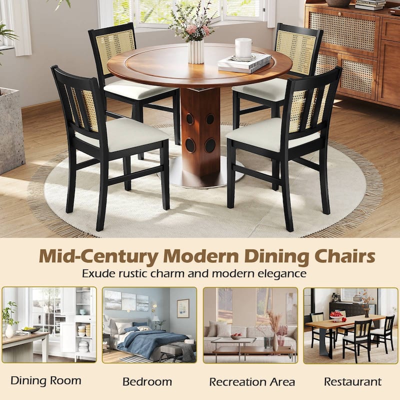 Set of 2 Upholstered Kitchen Chairs with Rattan Backrest Wooden Frame and Comfortable Seat Cushions - 17.5" x 21" x 34"