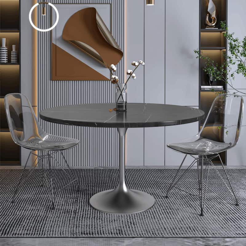 LeisureMod Verve 48" Round Dining Table with Sintered Stone TableTop and Brushed Chrome Base for Kitchen & Dining Room