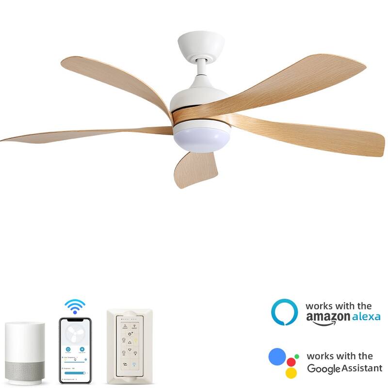 52 Inch Ceiling Fan with Remote & Lights Quiet DC Motor 5 Blade High CFM Modern Fan - White with light wood grain(Smart)