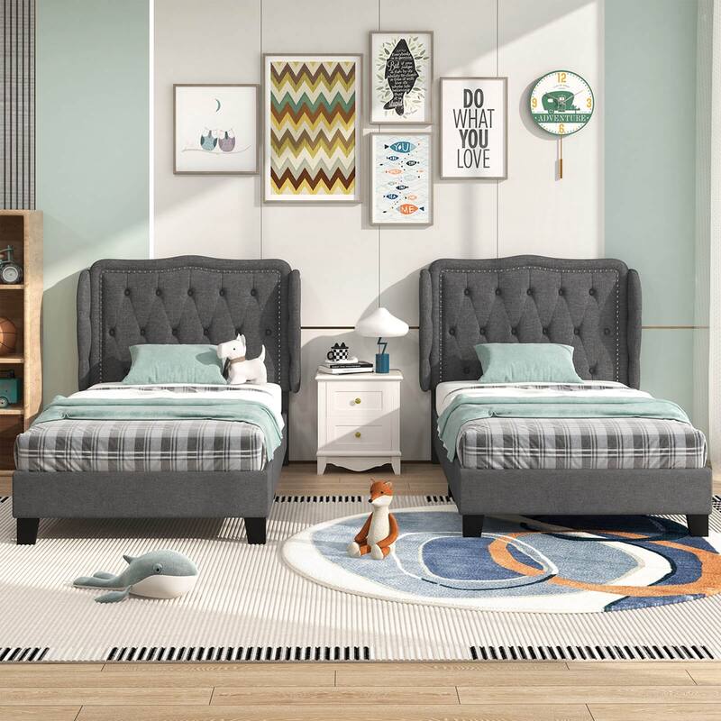 Twin Bed Frames w/Headboard Modern Linen Upholstered Platform Bed