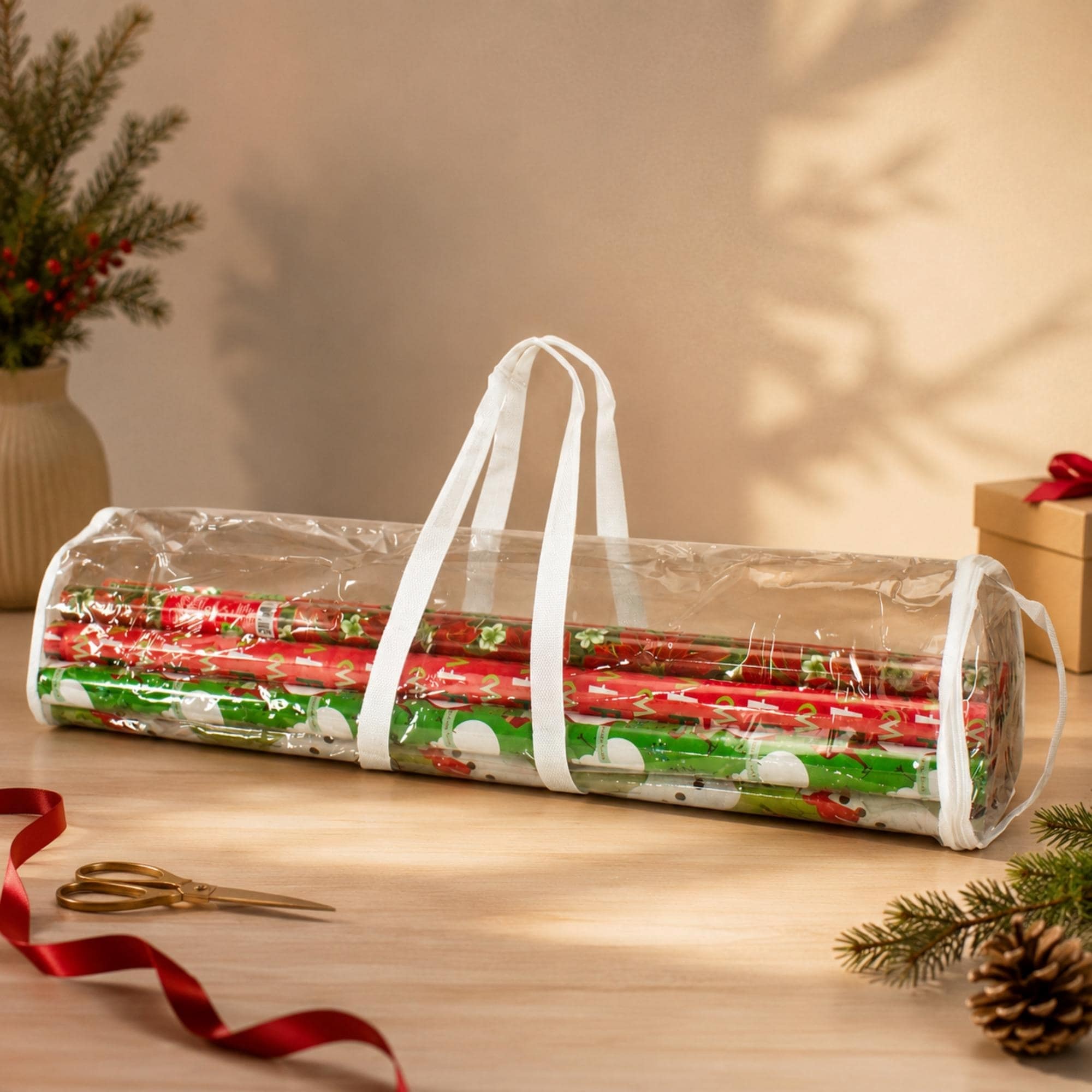 30in White Transparent Christmas Gift Wrap Organizer Bag with Handles