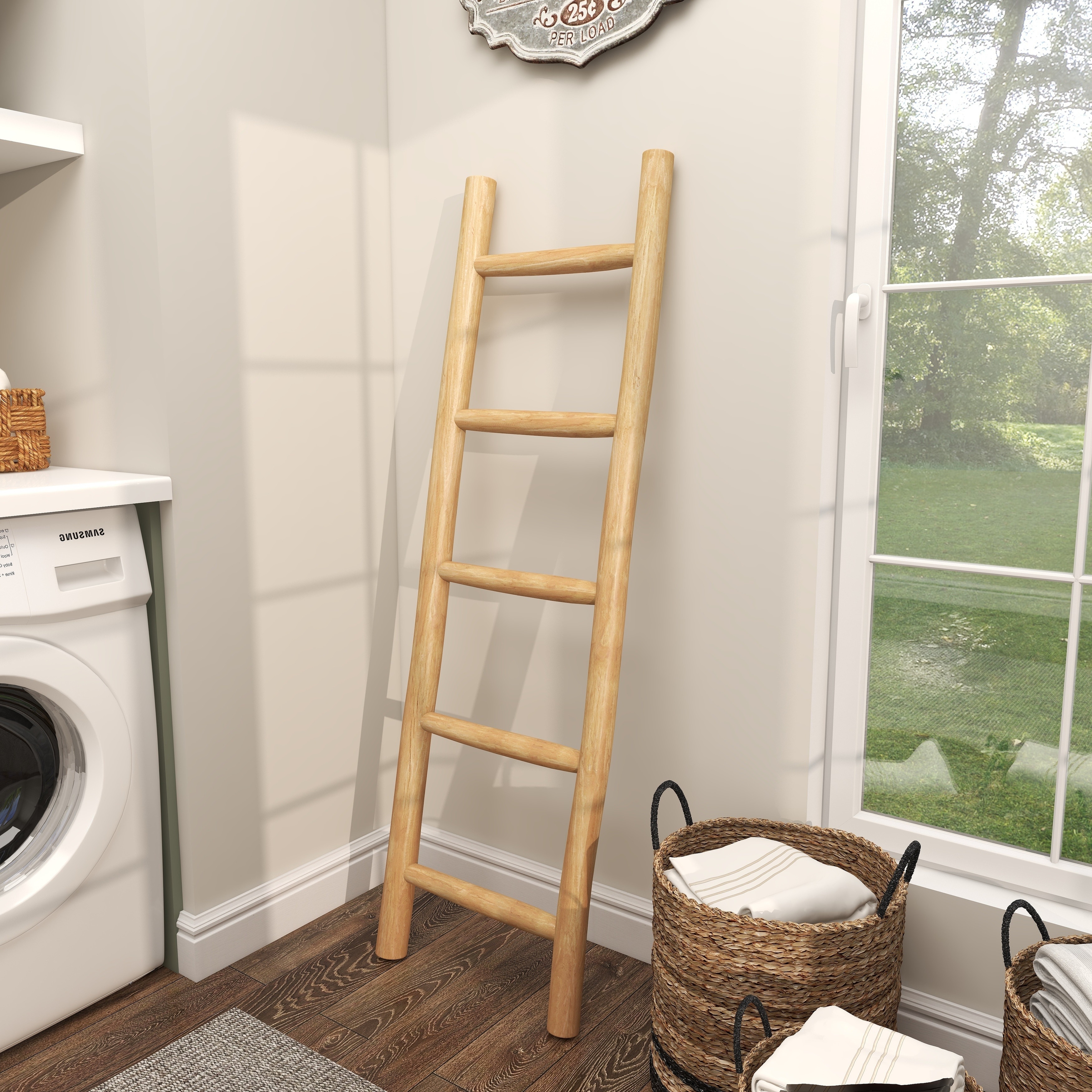 Brown Teak Wood Handmade 5 Rack Ladder