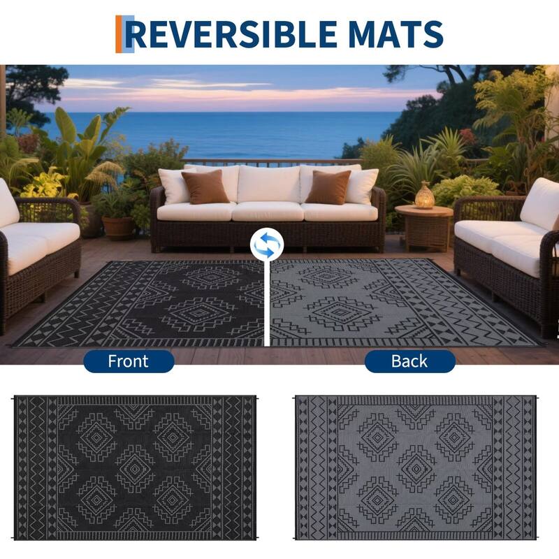 Outdoor Rug Waterproof Boho Geometric Patio Rug Mat Reversible Plastic Straw Rug Outside Outdoor Area Rug