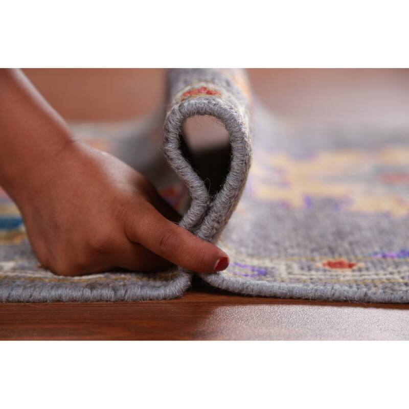 Hand Knotted Oriental 100% Wool Carpet Transitional Floral Greys & Charcoal Oushak Runner Rug - 9' 10'' X 2' 8''