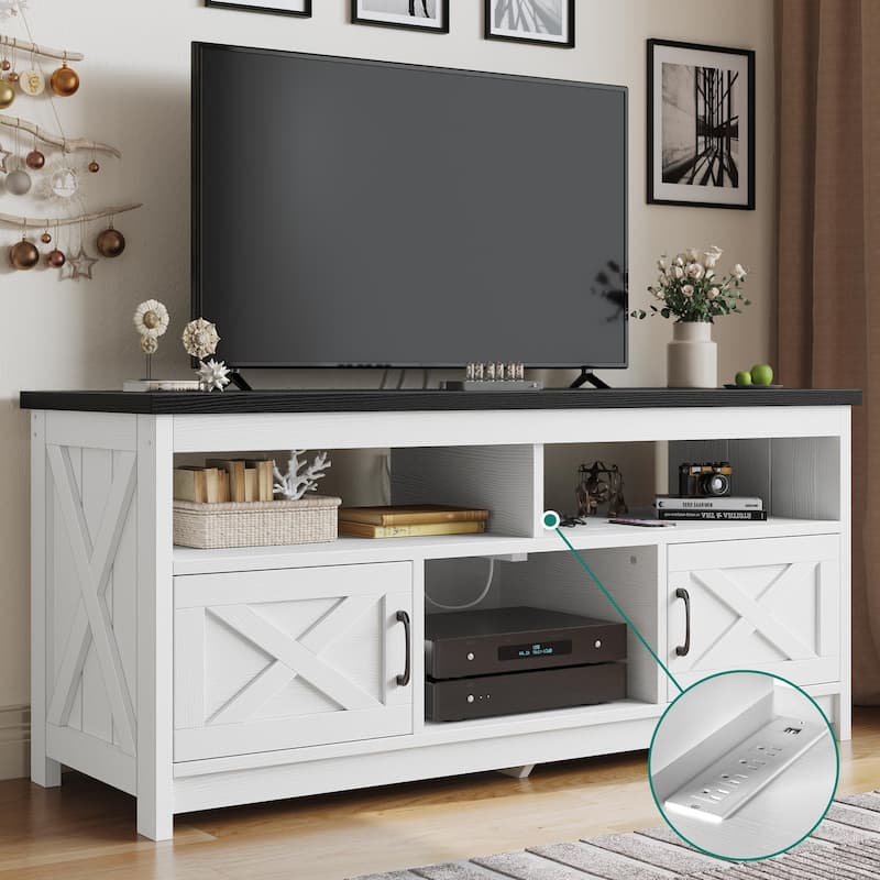 Farmhouse TV Stand for up to 65" TV with Doors and Open Shelves Media Console Power Outlet - 59 inches in width - Black/White