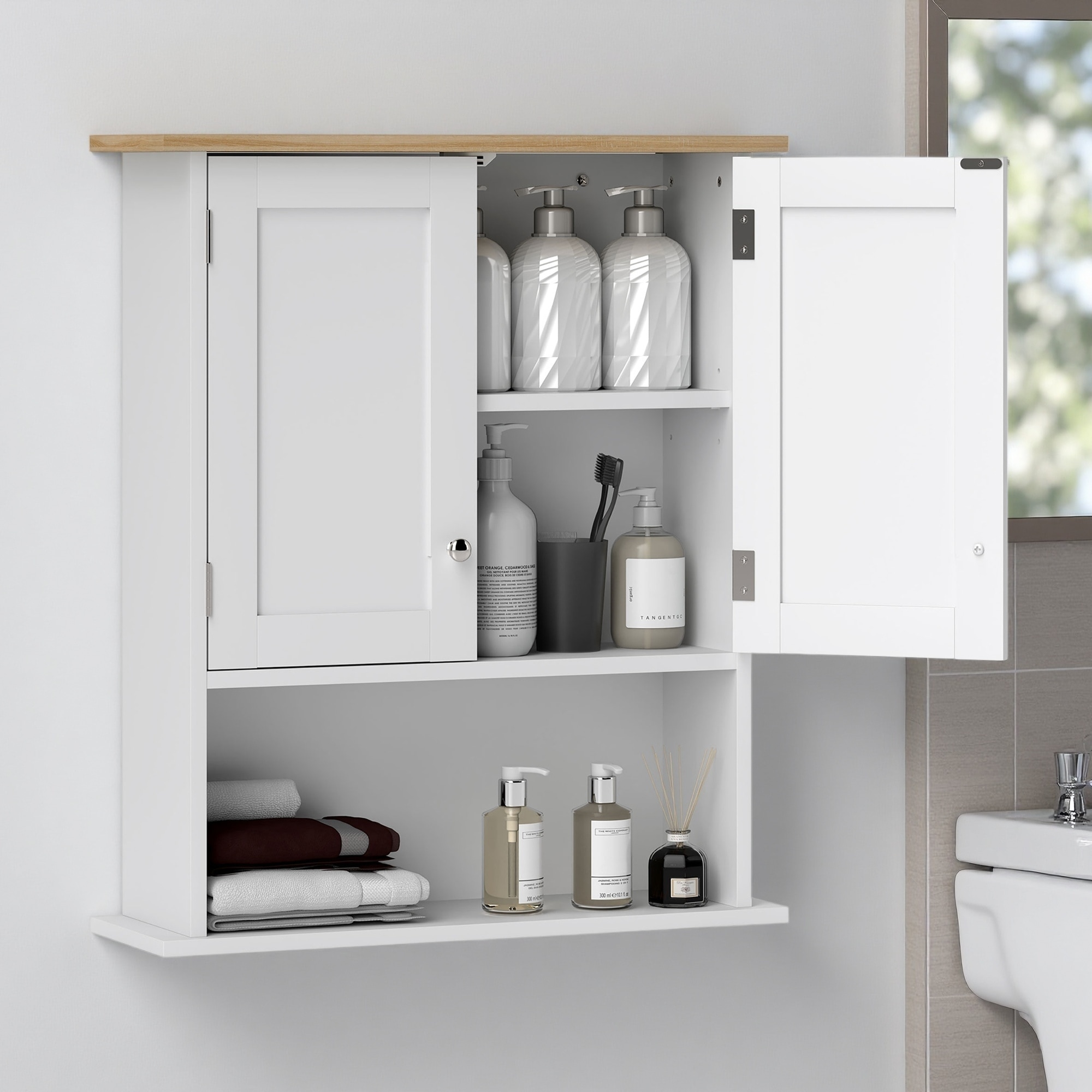 28"H Bathroom Wall Cabinet, Modern Wall Mounted Medicine Cabinet with 2 Doors, Adjustable Shelf, Over the Toilet Storage
