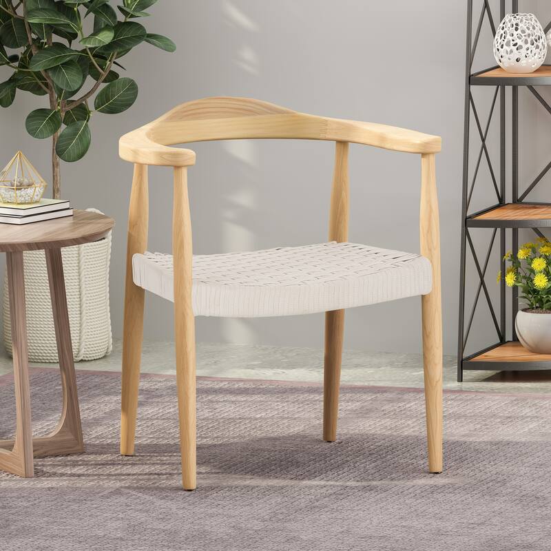 Modern Wooden Rope Woven Dining Chair with Curved Backrest for Dining Room Kitchen Bedroom Living Room Club - White