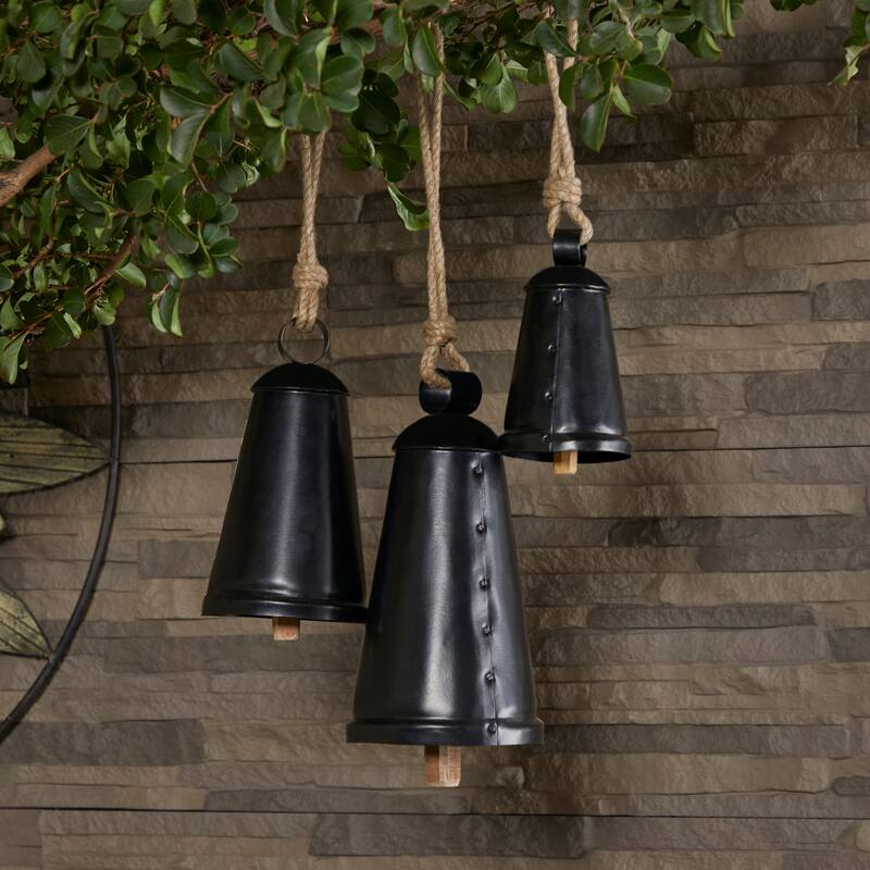Gray, Red, Black or Bronze Metal Tibetan Inspired Decorative Cow Bell with Jute Hanging Rope (Set of 3) - Black - 12",9",6"H