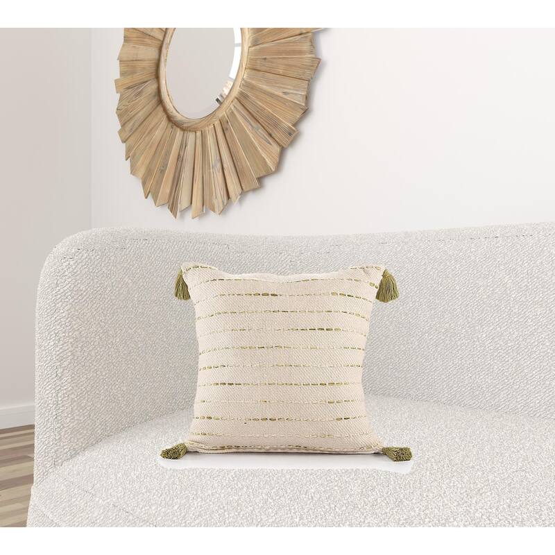 HomeRoots 20" X 20" Olive Green And Ivory 100% Cotton Striped Zippered Pillow