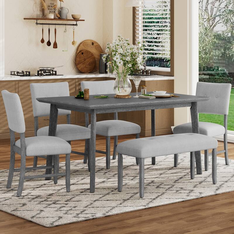 6 Piece Dining Room Table Set, Rustic Farmhouse Dining Room Rectangular Table with 4 Upholstered Chairs and Bench, Solid - Grey