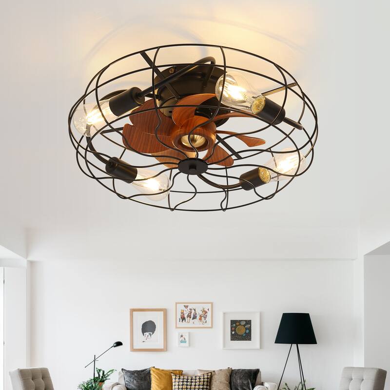 20" Caged Ceiling Fan w/Light & Remote Farmhouse Industrial Enclosed Ceiling Fan