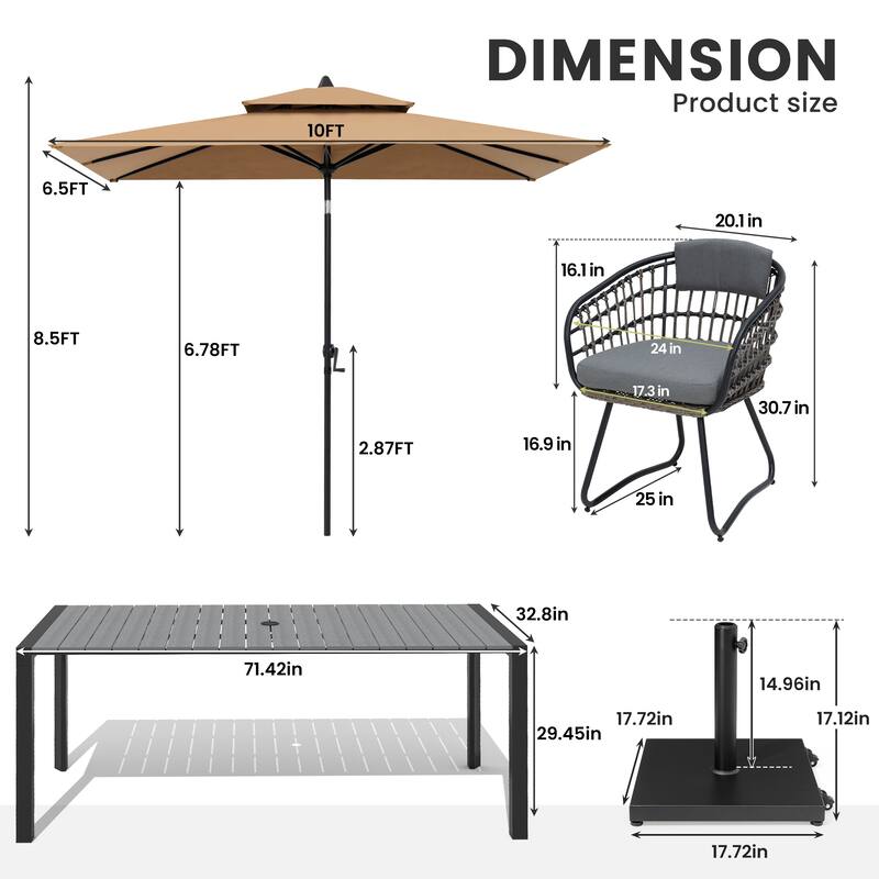 9/11-Piece Outdoor Dining Set Aluminum Table and Rattan Chairs w/10 ft Market Umbrella and Base