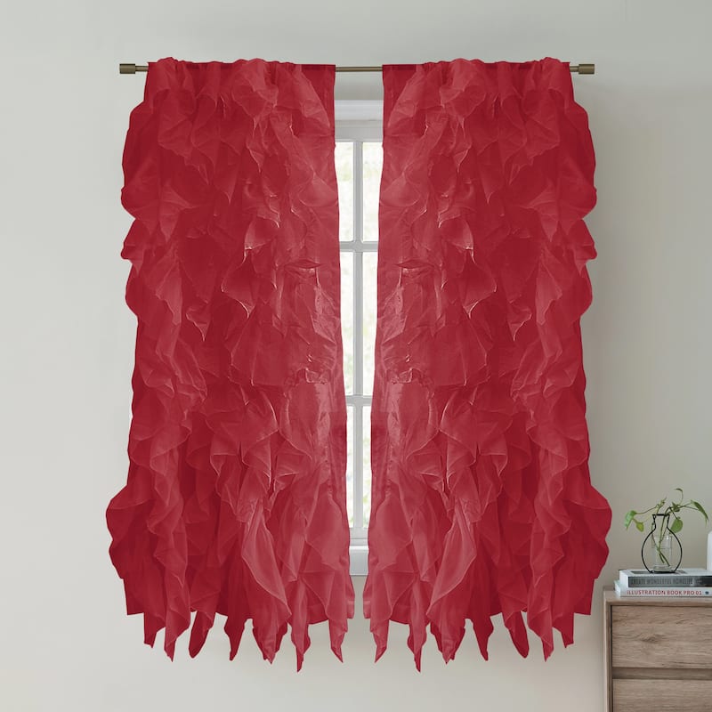 Sweet Home Collection Chic Sheer Voile Vertical Ruffled Tier Window Single Panel Curtain - 63" Long - Burgundy