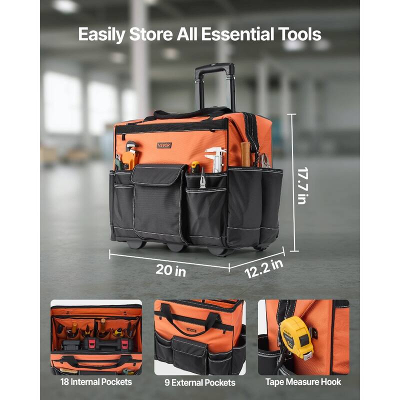 Heavy Duty Rolling Tool Bag 27 Pockets Large Capacity on Wheels - 20 x 12.2 x 17.7 in