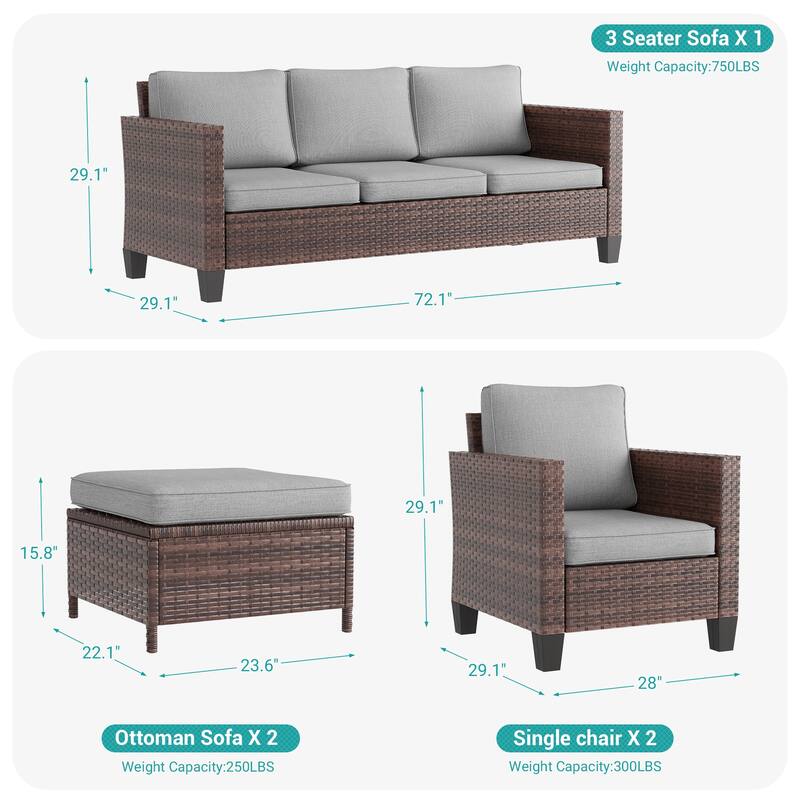 BONOSUKI 5-Piece Patio Sofa Sets Brown Rattan Outdoor Furniture Set