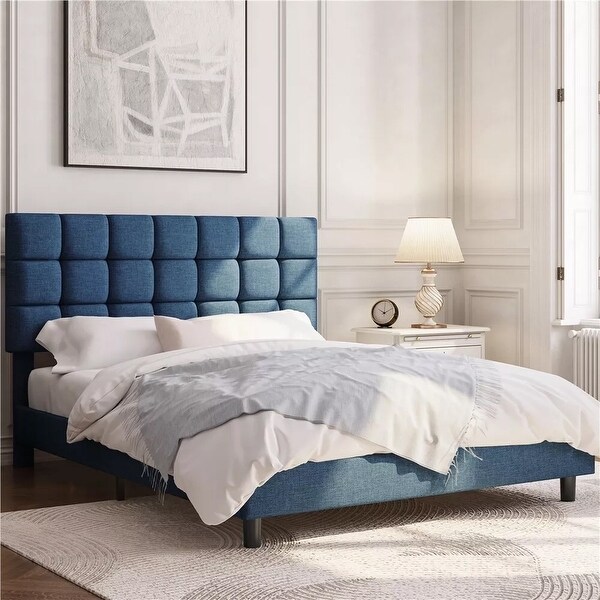 Queen Upholstered Platform Bed Frame Wood Slats Support Navy Blue