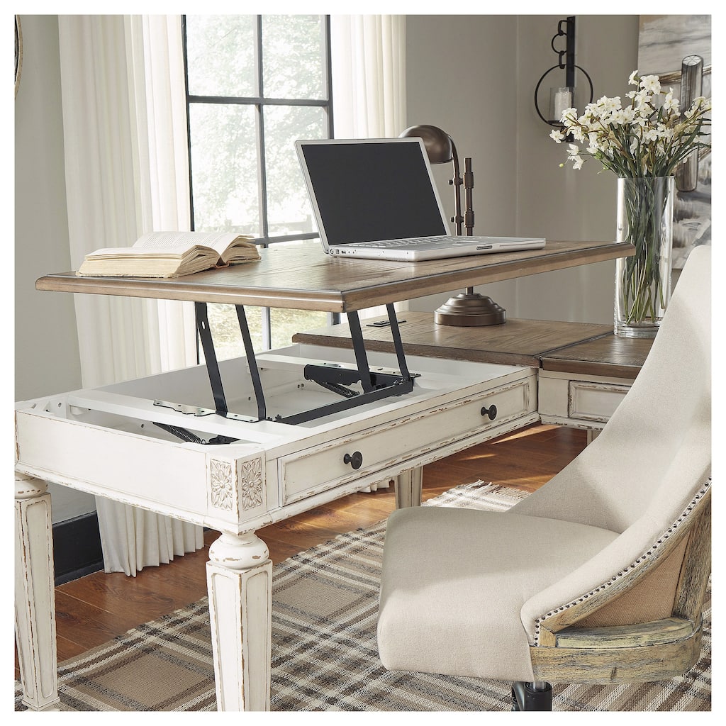 Realyn Antique White/Brown 2-Piece Home Office Lift Top Desk
