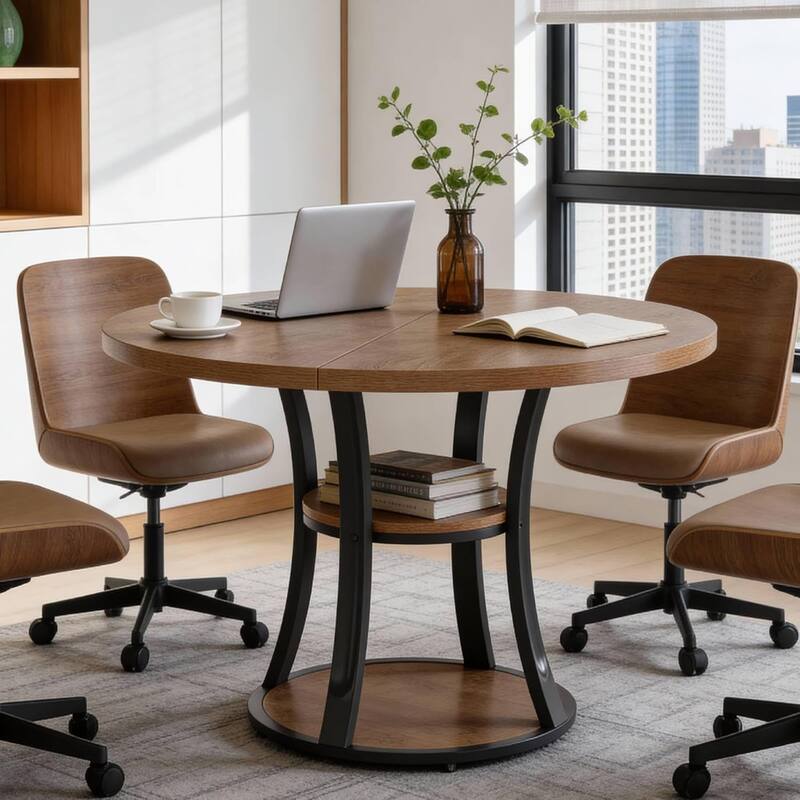 39" Round Conference Table with 2-Tier Storage Shelf for Meeting Room - 39.37" D x 39.37" W x 29.53" H